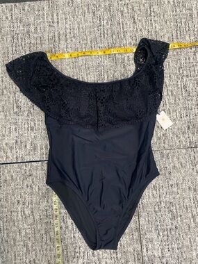 Shade & Shore Black Lace Off-Shoulder One-Piece Swimsuit